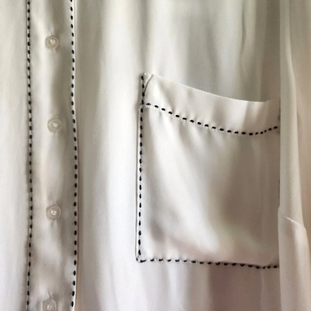 Lane Bryant Lng Slv Chiffon Blouse Pocket White w/ Black Whip Stitching Sz 18/20 - Picture 7 of 12